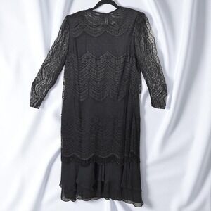 Miss Elliette Vintage Lace Dress‎ Woman 20 Black Layered Beaded Trim Party 80s
